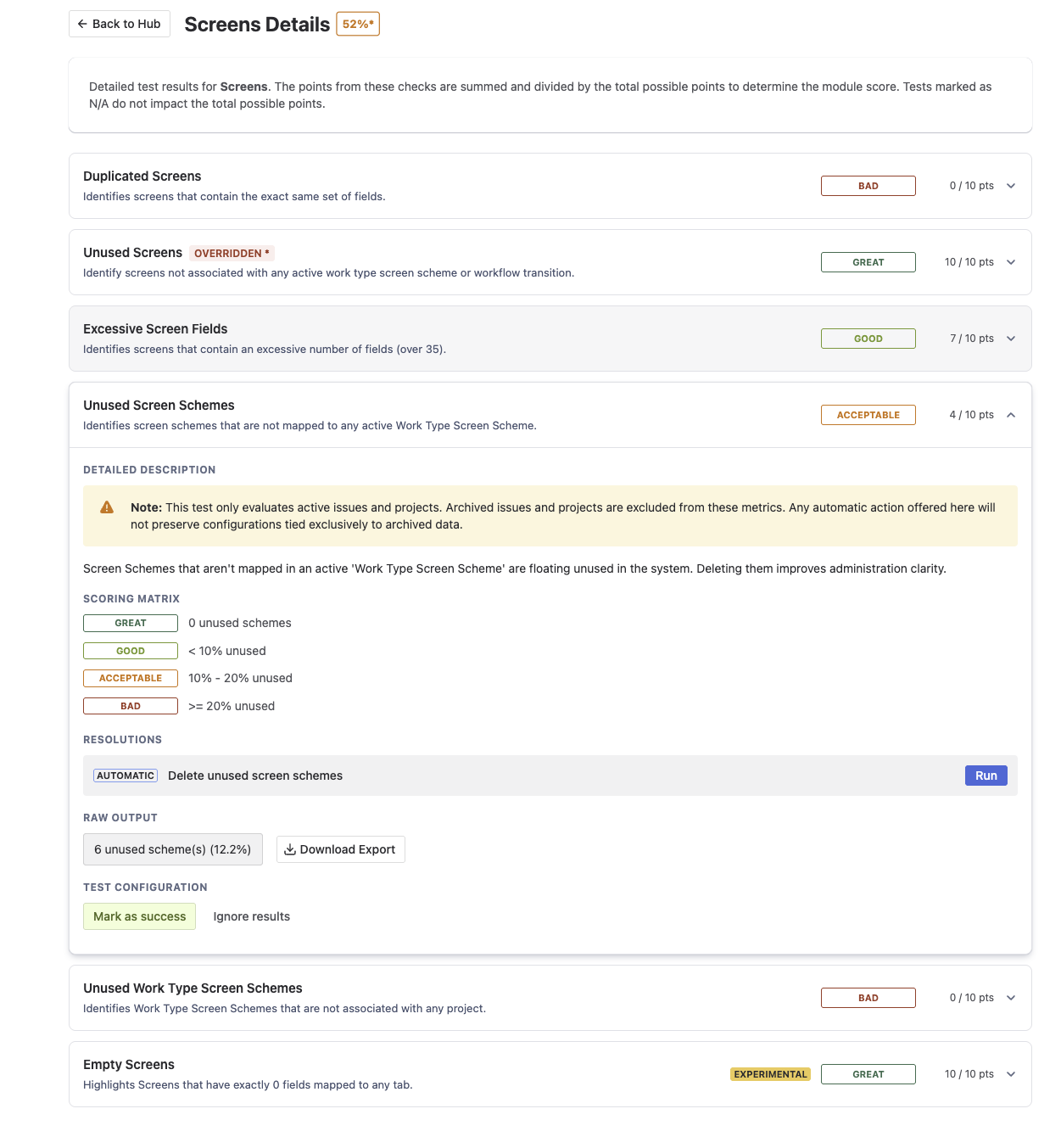 Detailed module view showing screen configuration audits